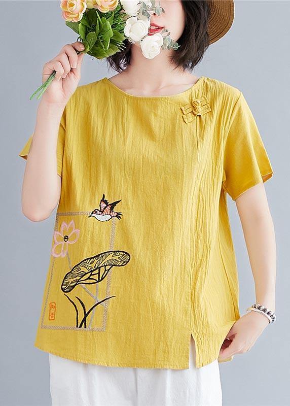 Plus Size Yellow Oriental Cotton Linen Blouses Summer - SooLinen