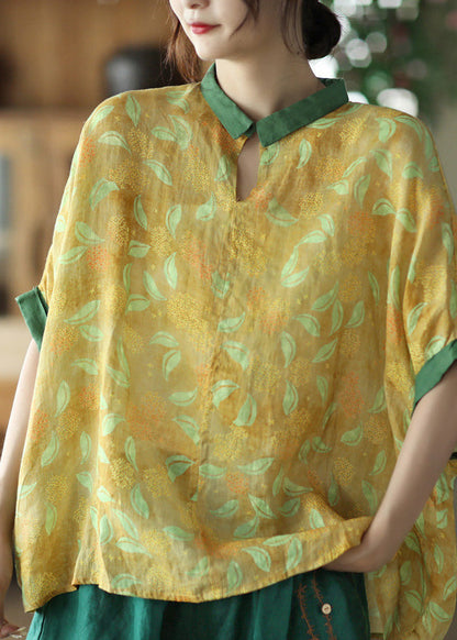 Camisa de ramio con patchwork amarillo de talla grande y manga corta