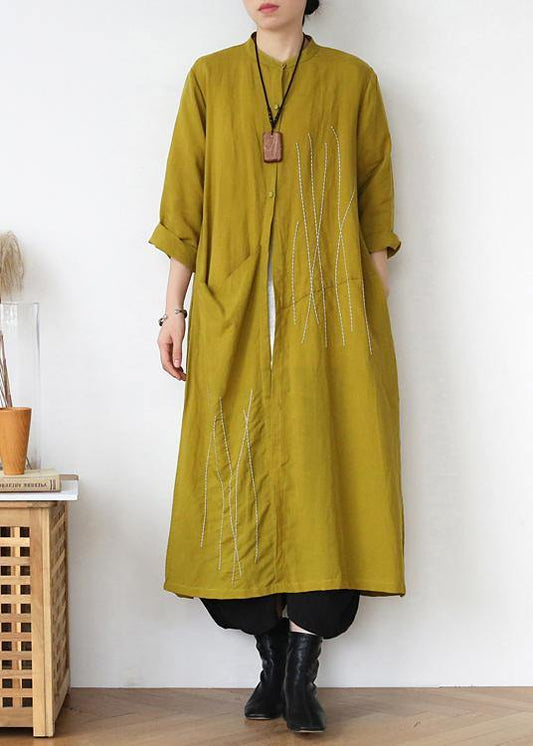 Plus Size Yellow Peter Pan Collar Linen Long Spring Coat - SooLinen