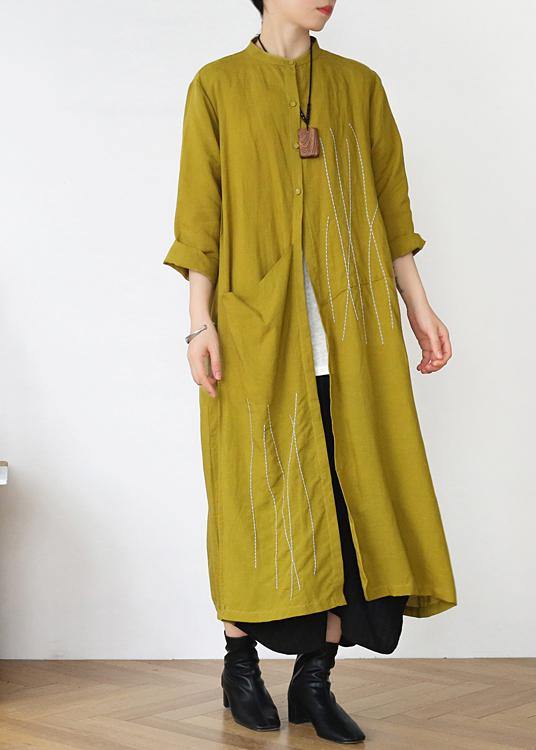 Plus Size Yellow Peter Pan Collar Linen Long Spring Coat - SooLinen
