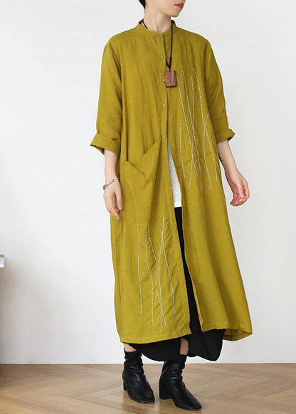 Plus Size Yellow Peter Pan Collar Linen Long Spring Coat - SooLinen