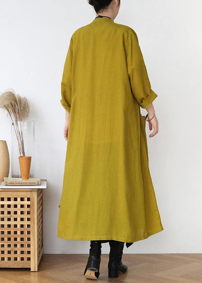 Plus Size Yellow Peter Pan Collar Linen Long Spring Coat - SooLinen