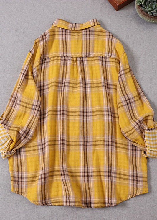 Plus Size Gelb Peter Pan Kragen Plaid Baumwolle Shirt Top Frühling
