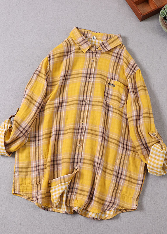 Plus Size Gelb Peter Pan Kragen Plaid Baumwolle Shirt Top Frühling