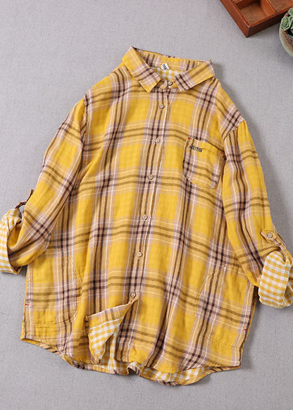 Plus Size Gelb Peter Pan Kragen Plaid Baumwolle Shirt Top Frühling