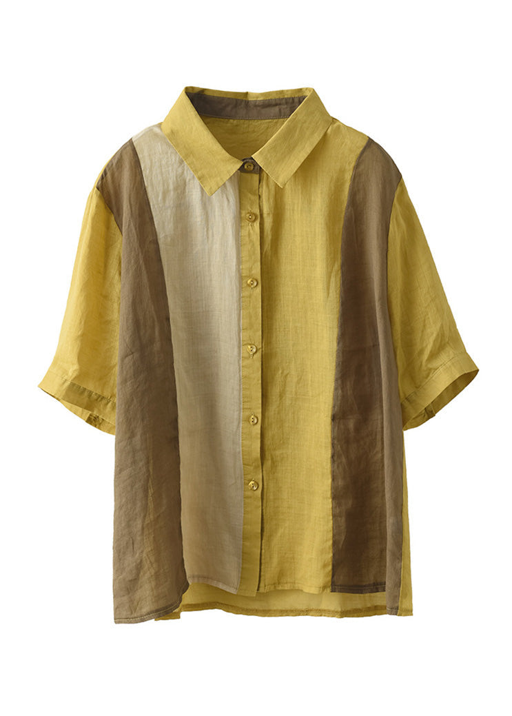 Camisas de ramio liso con cuello Peter Pan amarillo de talla grande para verano