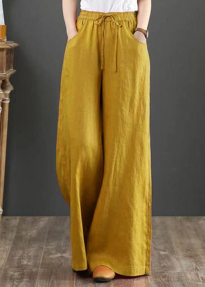 Plus Size Yellow Pockets Elastic Waist Cotton Straight Pants Summer