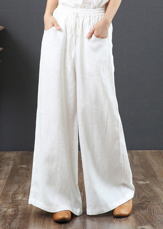 Plus Size Yellow Pockets Elastic Waist Cotton Straight Pants Summer