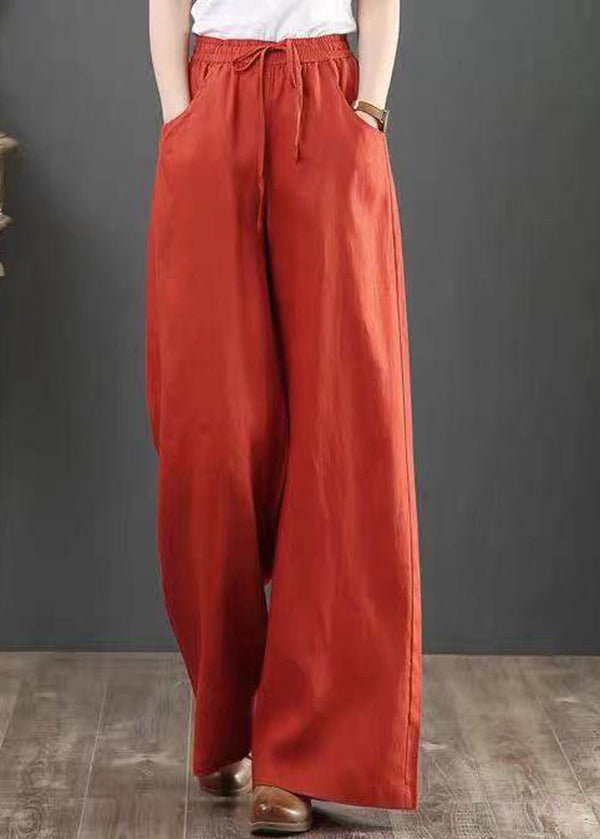 Plus Size Yellow Pockets Elastic Waist Cotton Straight Pants Summer