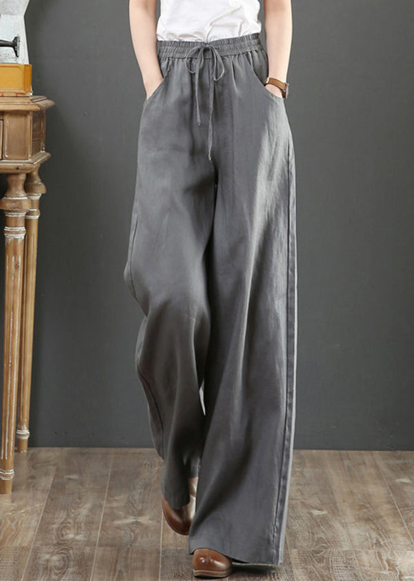 Plus Size Yellow Pockets Elastic Waist Cotton Straight Pants Summer