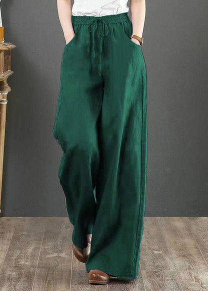 Plus Size Yellow Pockets Elastic Waist Cotton Straight Pants Summer