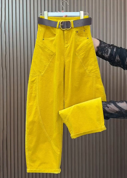 Gelbe Cordhose mit Taschen in Übergröße, hoher Bund, weitem Bein und Frühlingsform