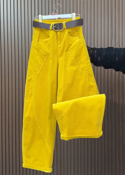 Gelbe Cordhose mit Taschen in Übergröße, hoher Bund, weitem Bein und Frühlingsform