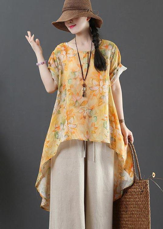 Plus Size Yellow Print Linen low high design Shirt Summer - SooLinen