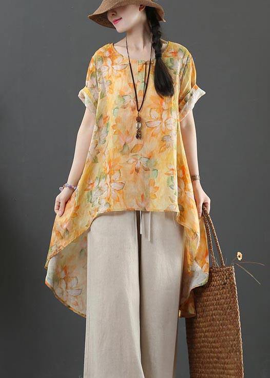 Plus Size Yellow Print Linen low high design Shirt Summer - SooLinen