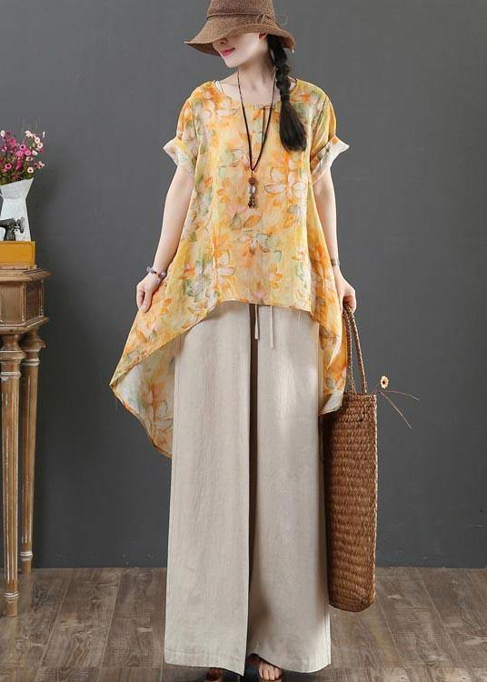 Plus Size Yellow Print Linen low high design Shirt Summer - SooLinen