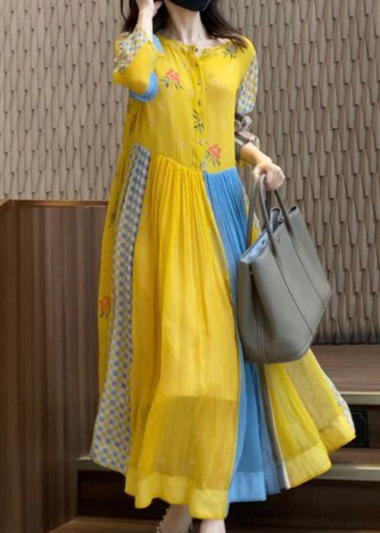 Plus Size Gelb Print Patchwork Chiffon Urlaubskleider Frühling