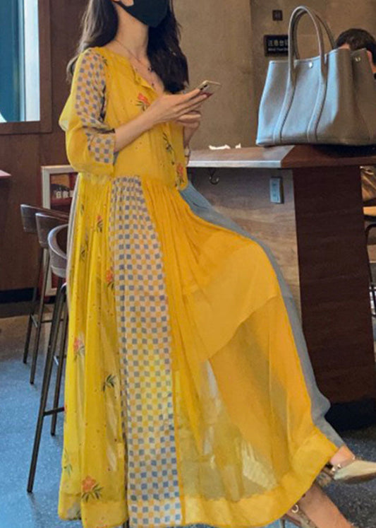 Plus Size Gelb Print Patchwork Chiffon Urlaubskleider Frühling
