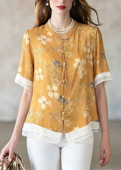 Plus Size Yellow Print Shirts Short Sleeve