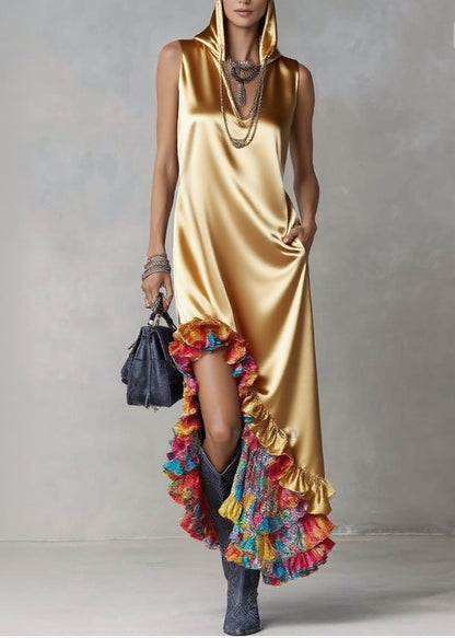 Plus Size Yellow Ruffled Asymmetrical Design Silk Hooded Dress Sleeveless