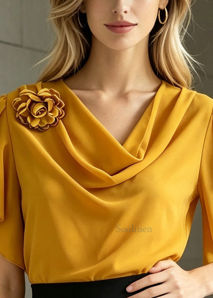 Plus Size Yellow Ruffled Floral Chiffon Shirt Summer