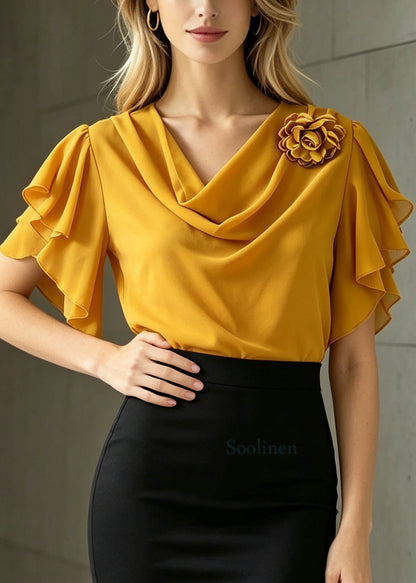 Plus Size Yellow Ruffled Floral Chiffon Shirt Summer