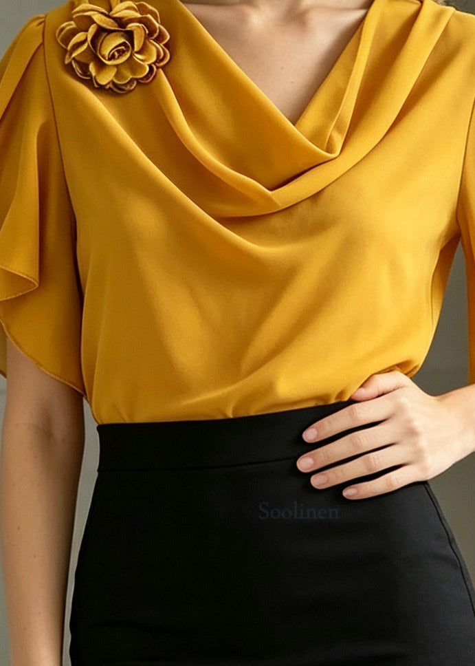 Plus Size Yellow Ruffled Floral Chiffon Shirt Summer