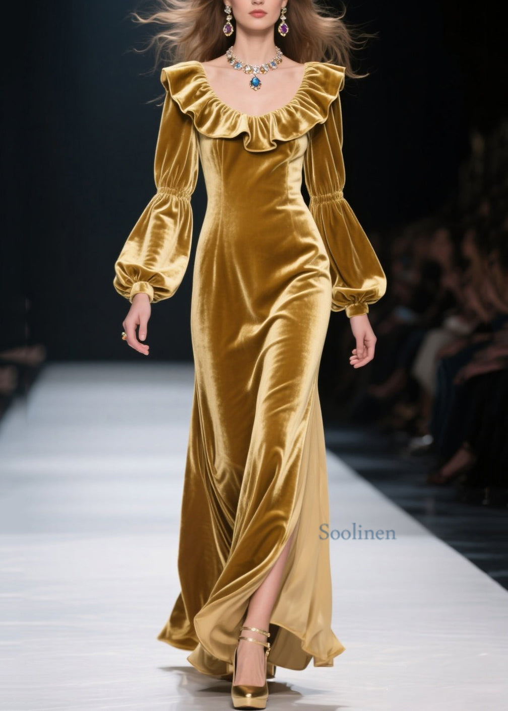 Vestido largo de terciopelo con patchwork y volantes amarillos de talla grande para primavera