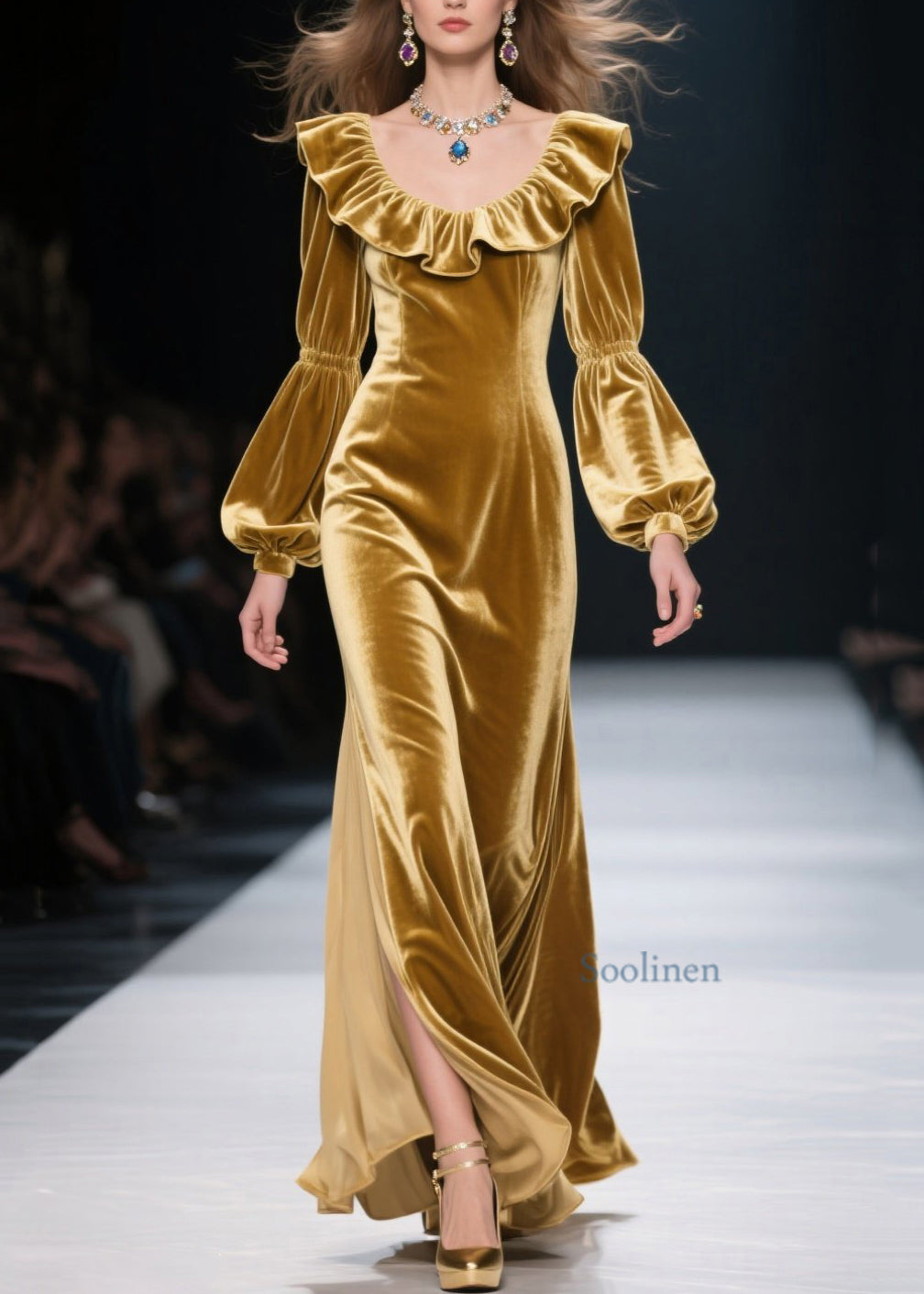 Vestido largo de terciopelo con patchwork y volantes amarillos de talla grande para primavera