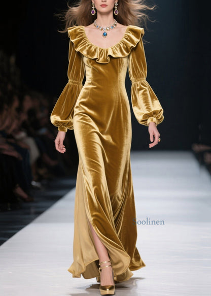 Vestido largo de terciopelo con patchwork y volantes amarillos de talla grande para primavera