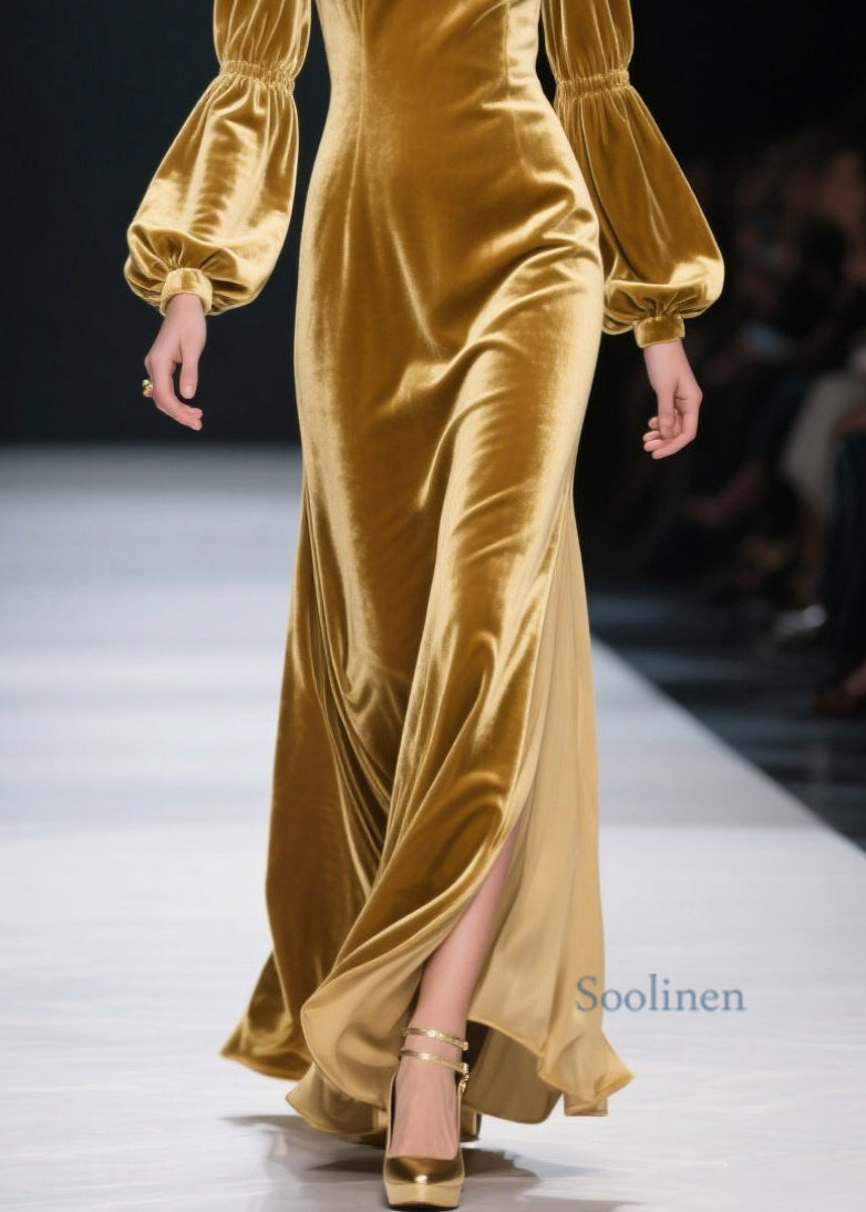 Vestido largo de terciopelo con patchwork y volantes amarillos de talla grande para primavera