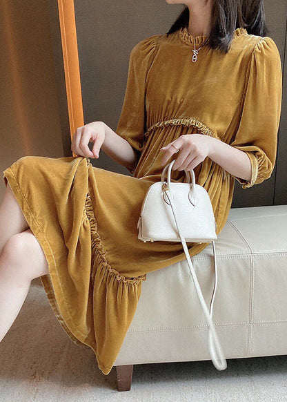 Plus Size Yellow Ruffled Patchwork velour Fall Half Sleeve Maxi Dresses