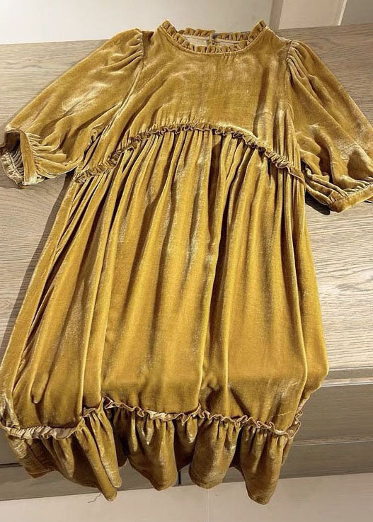 Plus Size Yellow Ruffled Patchwork velour Fall Half Sleeve Maxi Dresses