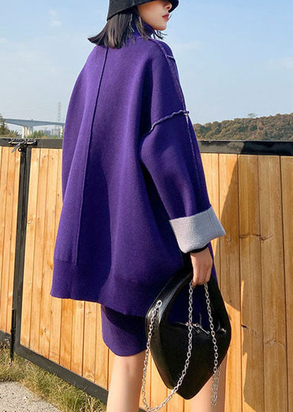 Gelbes Rollkragen-Strick-Set in Übergröße, lässiger Herbst, zweiteilig