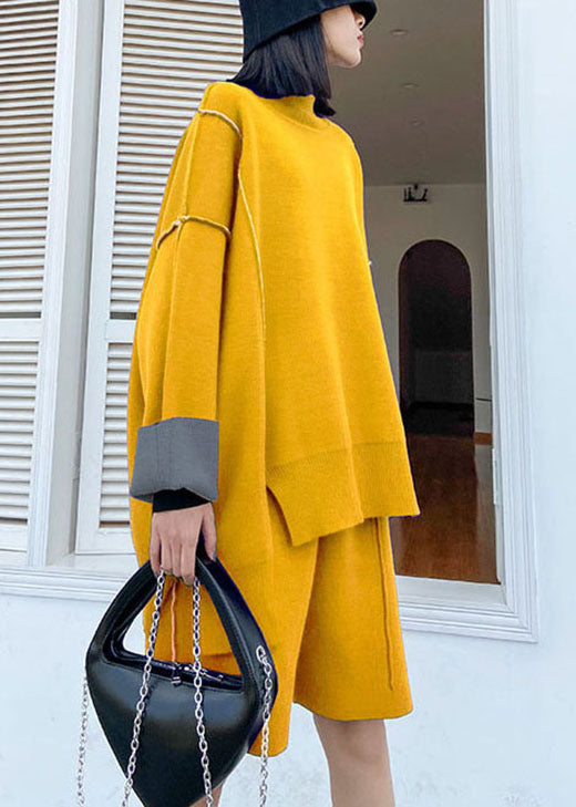 Gelbes Rollkragen-Strick-Set in Übergröße, lässiger Herbst, zweiteilig