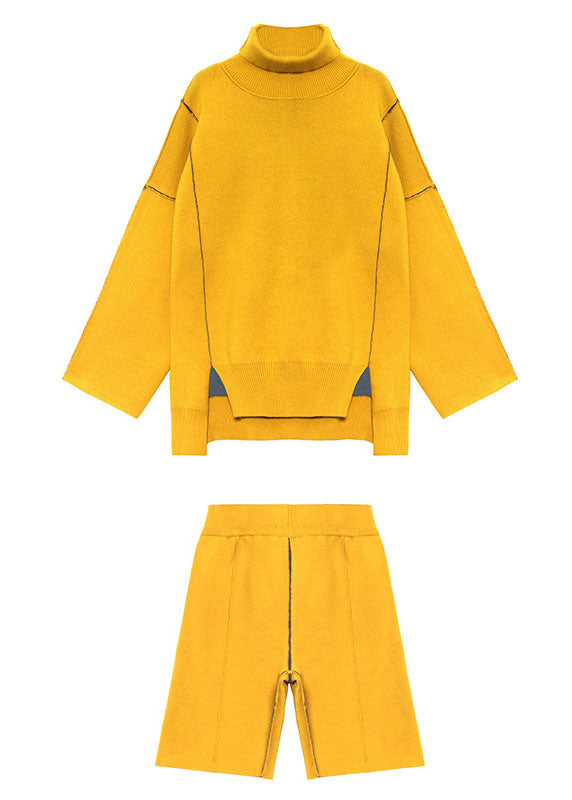 Gelbes Rollkragen-Strick-Set in Übergröße, lässiger Herbst, zweiteilig
