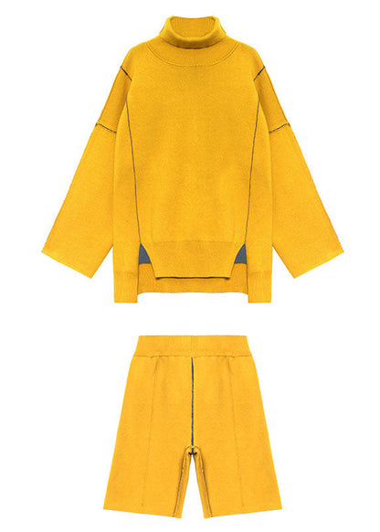 Gelbes Rollkragen-Strick-Set in Übergröße, lässiger Herbst, zweiteilig