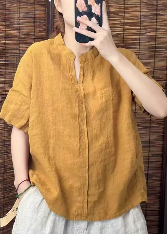 Plus Size Yellow V Neck Patchwork Linen Shirts Summer