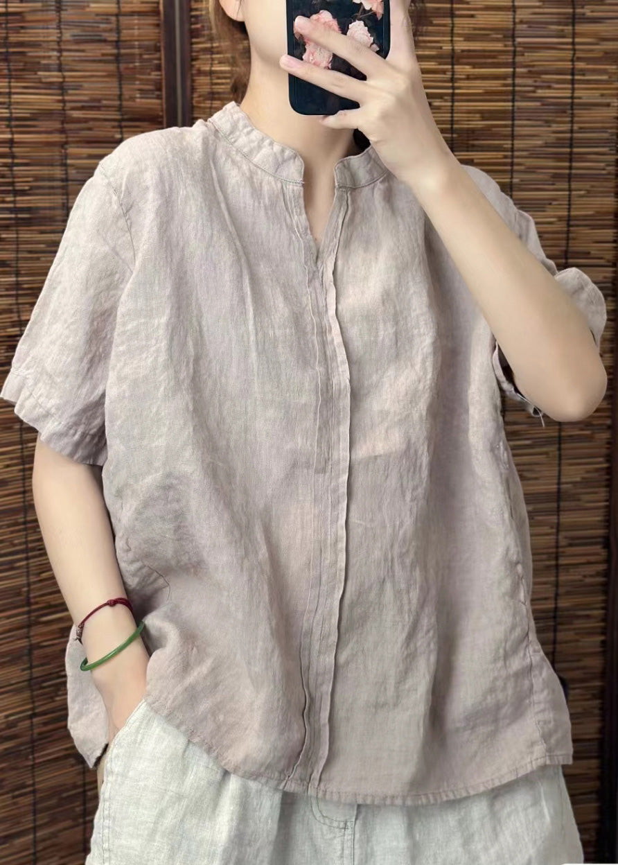 Plus Size Yellow V Neck Patchwork Linen Shirts Summer