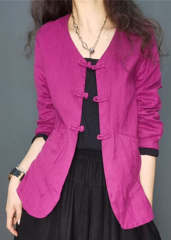 Plus Size Schokoladenbraune Knopftaschen V-Ausschnitt Leinenmantel Langarm