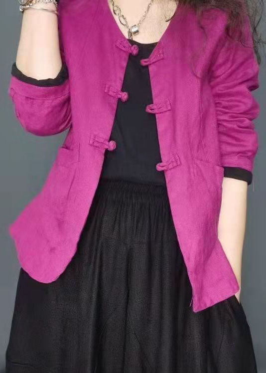 Plus Size Schokoladenbraune Knopftaschen V-Ausschnitt Leinenmantel Langarm