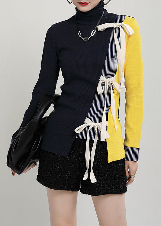 Plus Size dunkelblauer asymmetrischer dicker Patchwork-Strickpullover