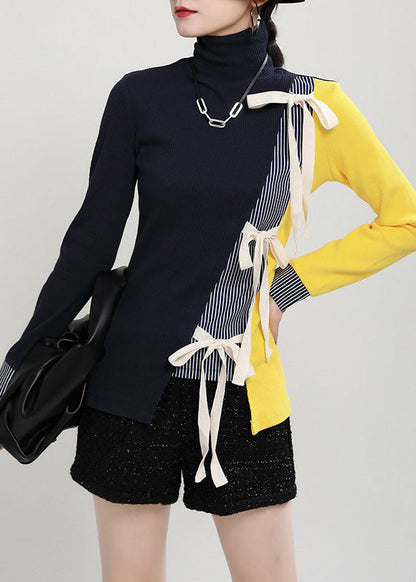 Plus Size dunkelblauer asymmetrischer dicker Patchwork-Strickpullover