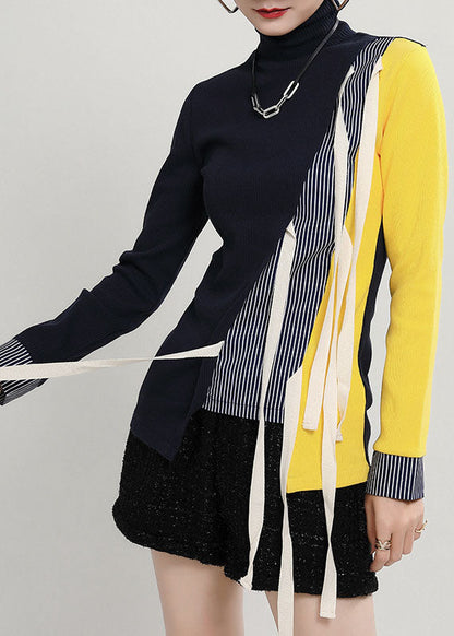 Plus Size dunkelblauer asymmetrischer dicker Patchwork-Strickpullover