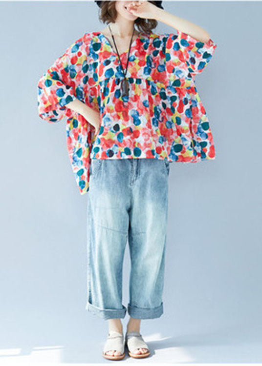 Blusa de otoño con estampado de patchwork, cuello en V y mangas acampanadas de talla grande