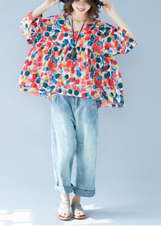 Blusa de otoño con estampado de patchwork, cuello en V y mangas acampanadas de talla grande