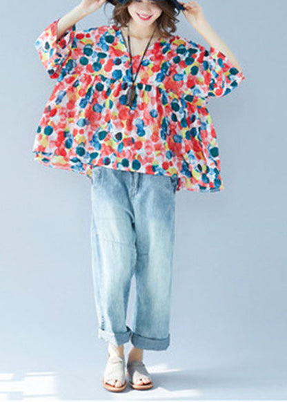 Blusa de otoño con estampado de patchwork, cuello en V y mangas acampanadas de talla grande