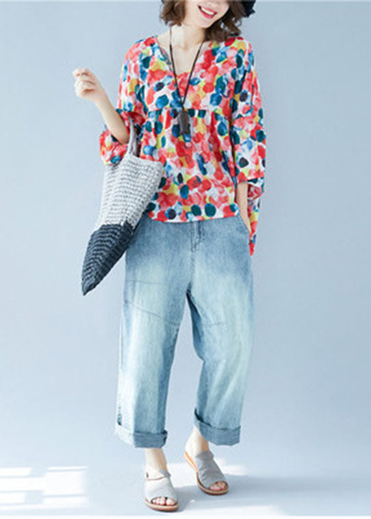 Blusa de otoño con estampado de patchwork, cuello en V y mangas acampanadas de talla grande