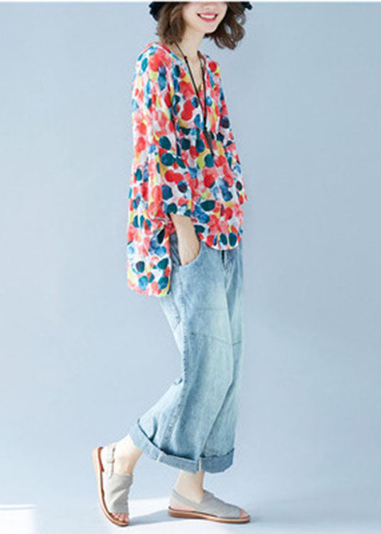 Blusa de otoño con estampado de patchwork, cuello en V y mangas acampanadas de talla grande