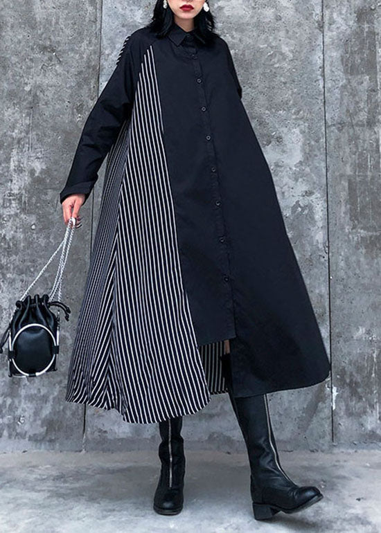 Plus größe Schwarz Asymmetrische Gestreiften Patchwork hemd Kleider Frühling